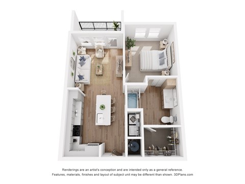A 3D floor plan of a house with a kitchen, living room, and bathroom.